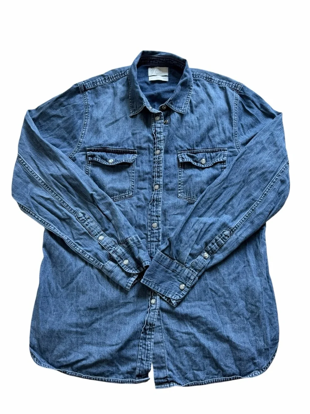 J. Crew Slim Fit Chambray Shirt Size 14 Tall Blue Cotton Pearl Snap Western